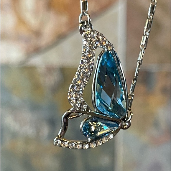 Blue & Silver Crystal Butterfly Wing Necklace - Picture 5 of 9